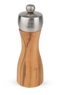 Fidji Salzmühle aus Olivenholz von Peugeot, Einzelstück mit Edelstahlaufsatz. Hochwertige Küchenmühle für Salz.